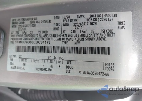 2020 Ford Escape Se z USA, uszkodzony, nr VIN 1FMCU9G63LUC34173